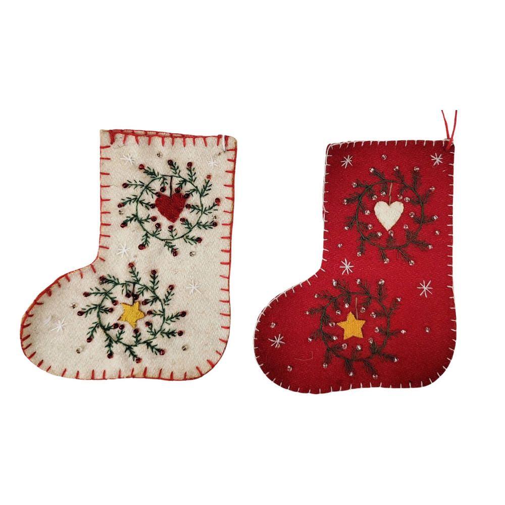 Embroidered Stocking Tree Decorations - Red or Natural-Homewares-Little Lane Workshops